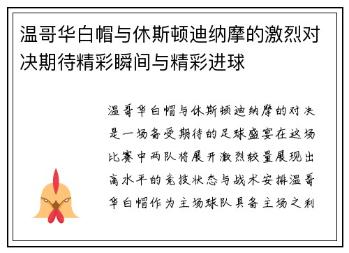 温哥华白帽与休斯顿迪纳摩的激烈对决期待精彩瞬间与精彩进球